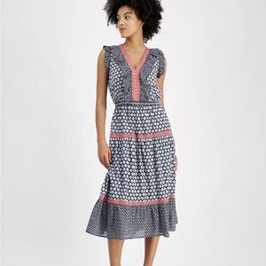 Nautica Jeans Mixed-Print Tiered Midi Dress XL Boho Coastal Resort Nautical NWT